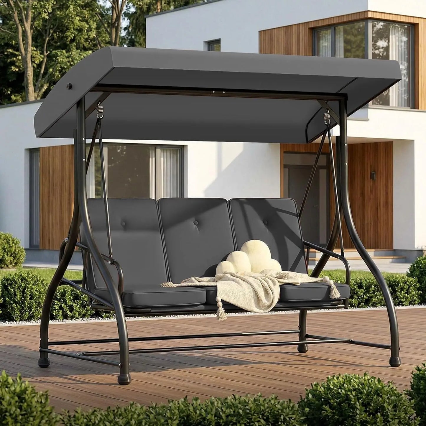 Outdoor Three Seat Patio Swing With Adjustable Canopy