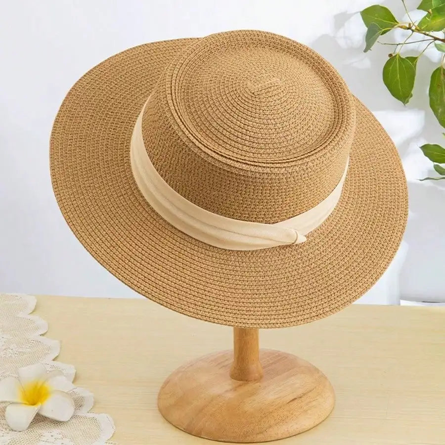 Women Straw French Chic Boater Sun Hat For Outdoor Summer