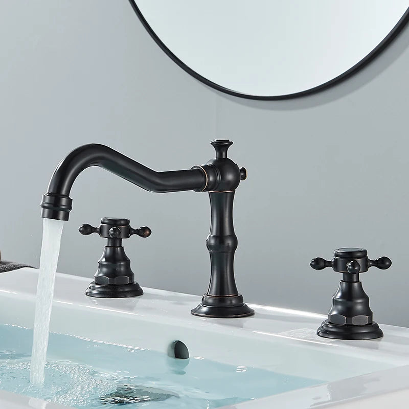 Saeuwtowy Antique Brass Bathroom Faucet Three Hole Deck Mount