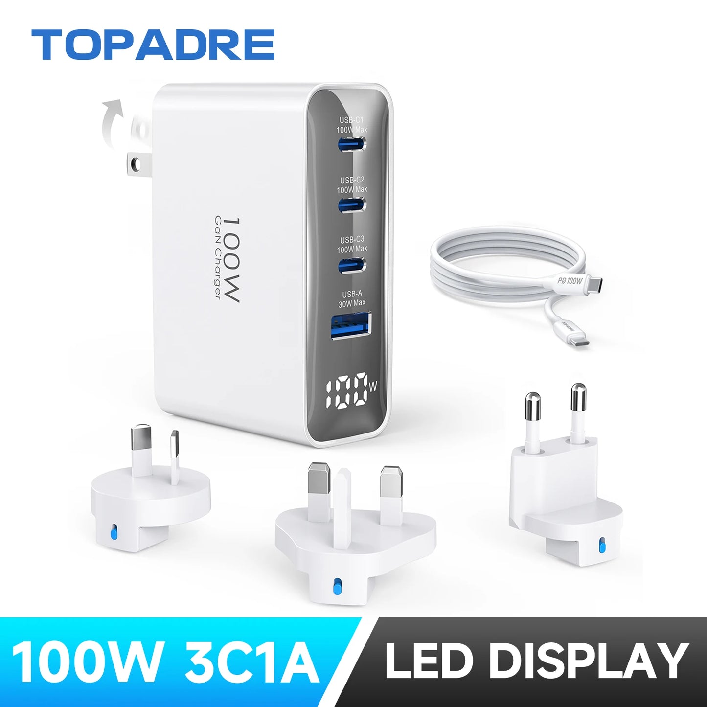 TOPADRE 100W USB-C Travel Charger 4-Port Foldable Adapter