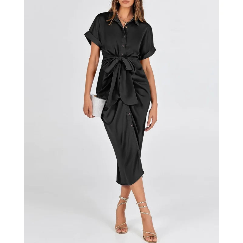 Elegant Women Summer Satin Midi Dress V Neck Short Sleeve