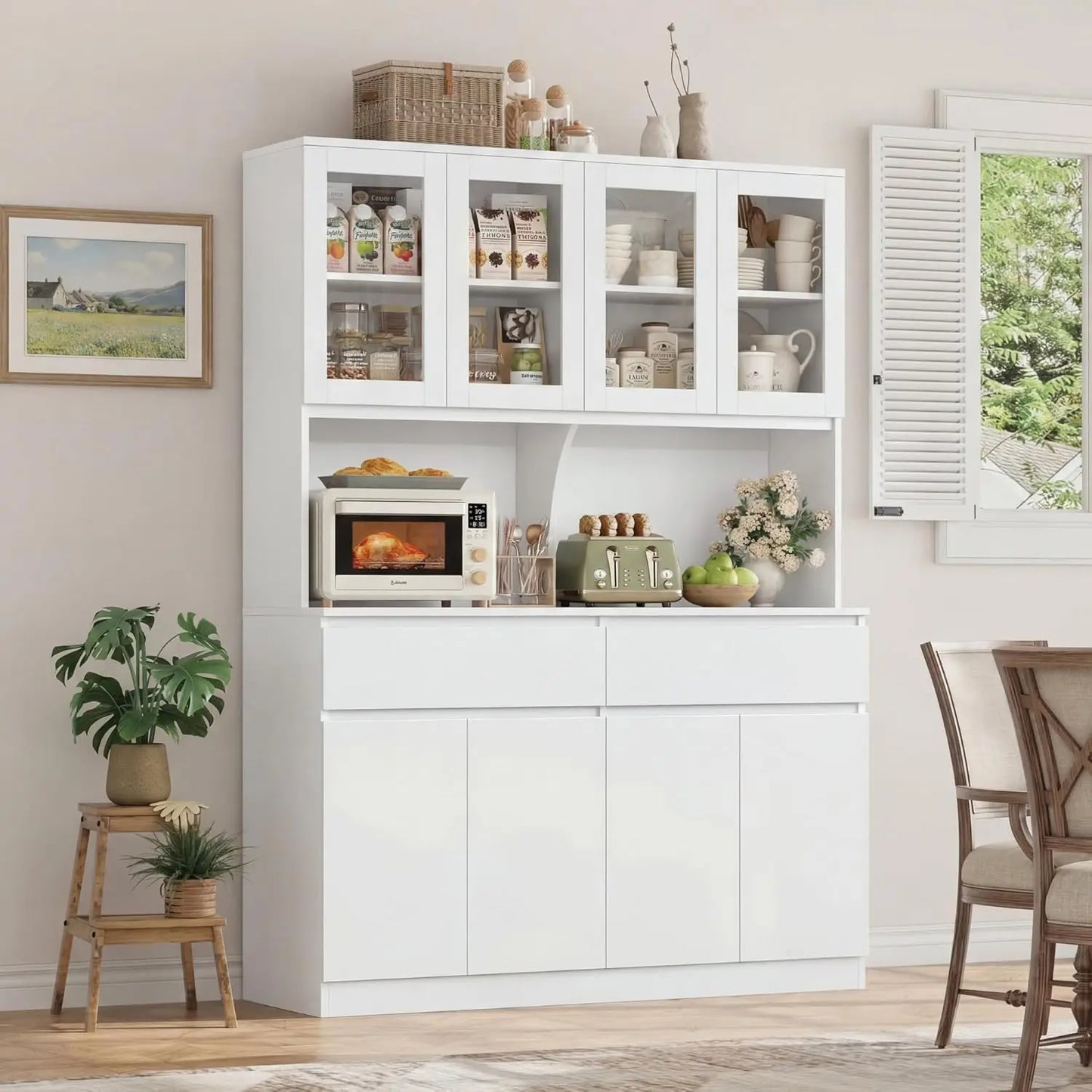 Kitchen Pantry Storage Cabinet With Glass Doors And Drawers