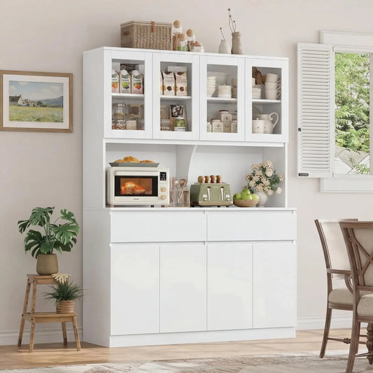 Kitchen Pantry Storage Cabinet With Glass Doors And Drawers