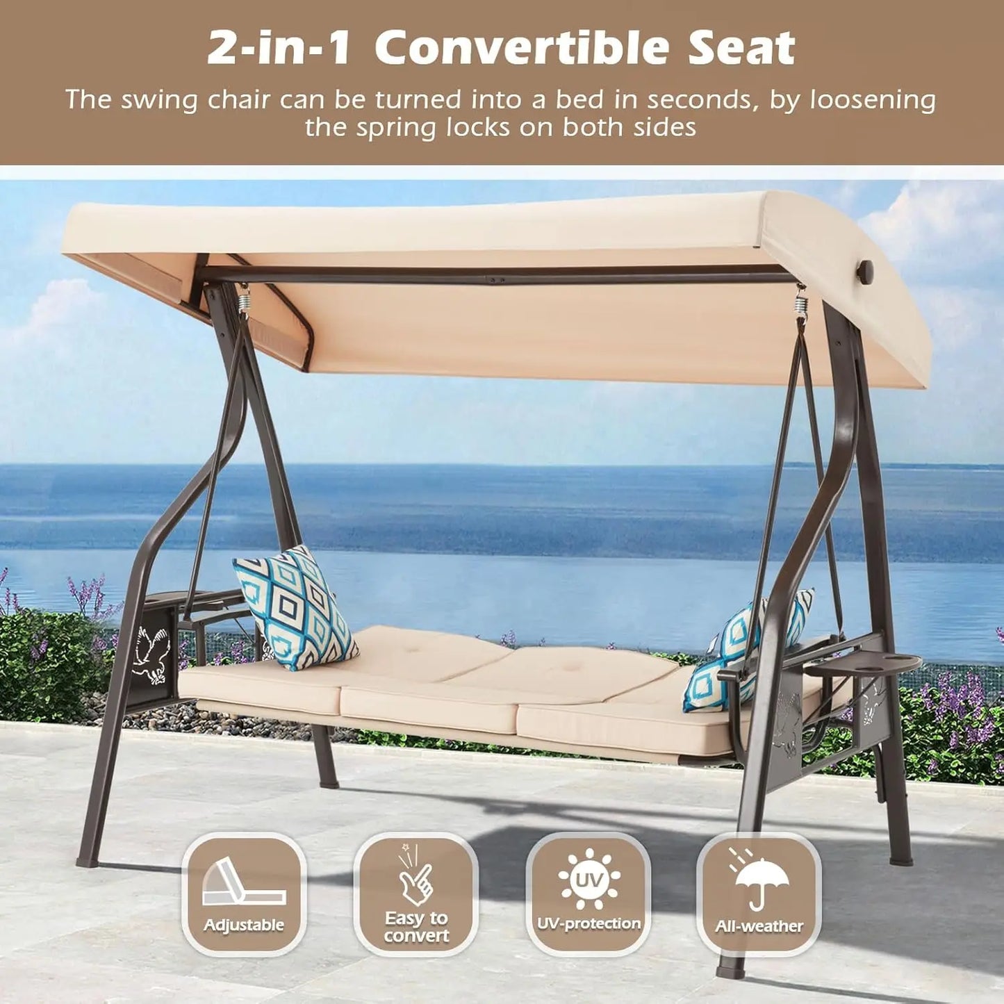 Three Seat Outdoor Patio Swing Bed Chair With Stand