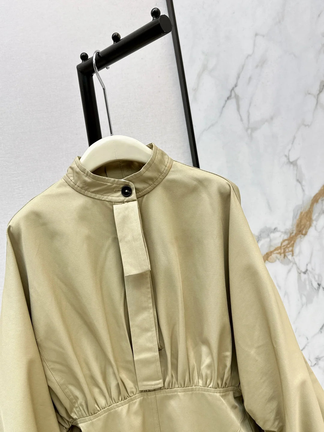 Women Long Sleeve Stand Collar Pleated Waist Cotton Zipper Dress