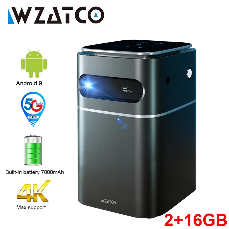 WZATCO A8 DLP Portable Projector Android 9.0 5G WiFi 1080P