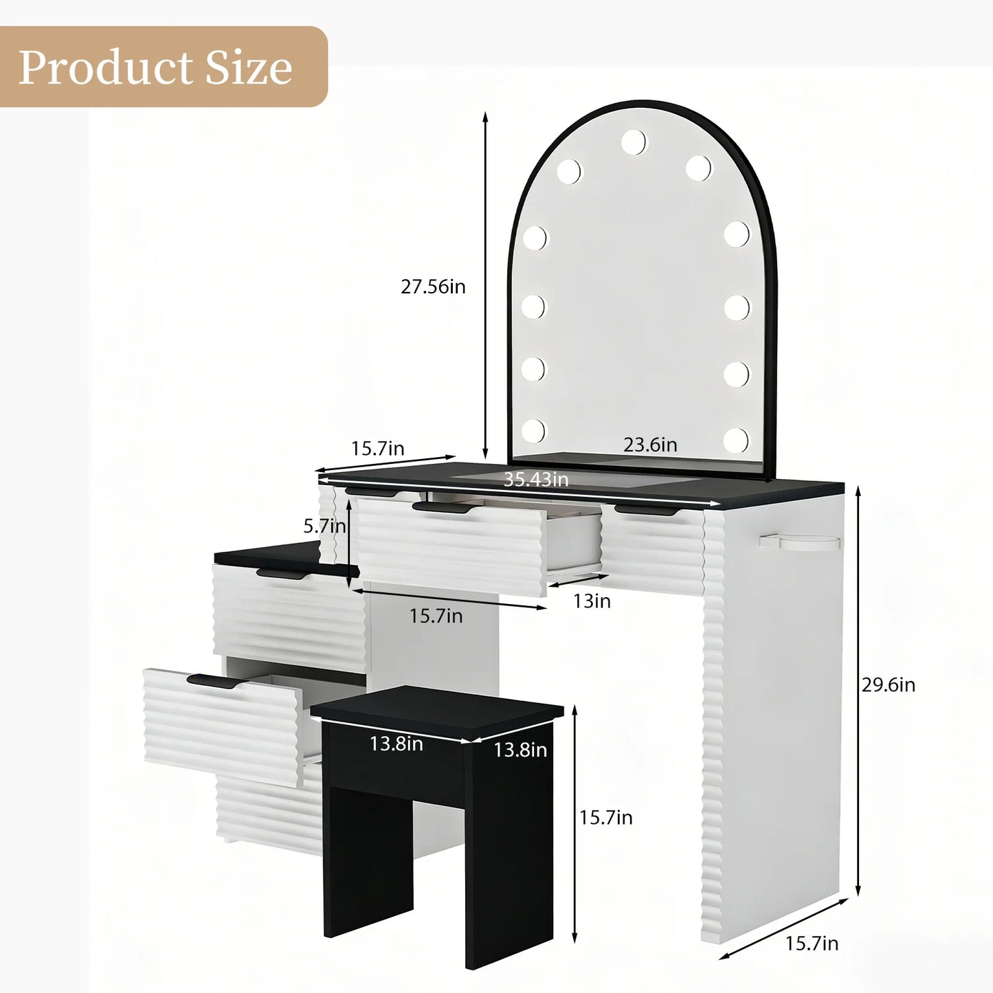 Modern Vanity Desk Chair Set Mirror Light Power Outlet