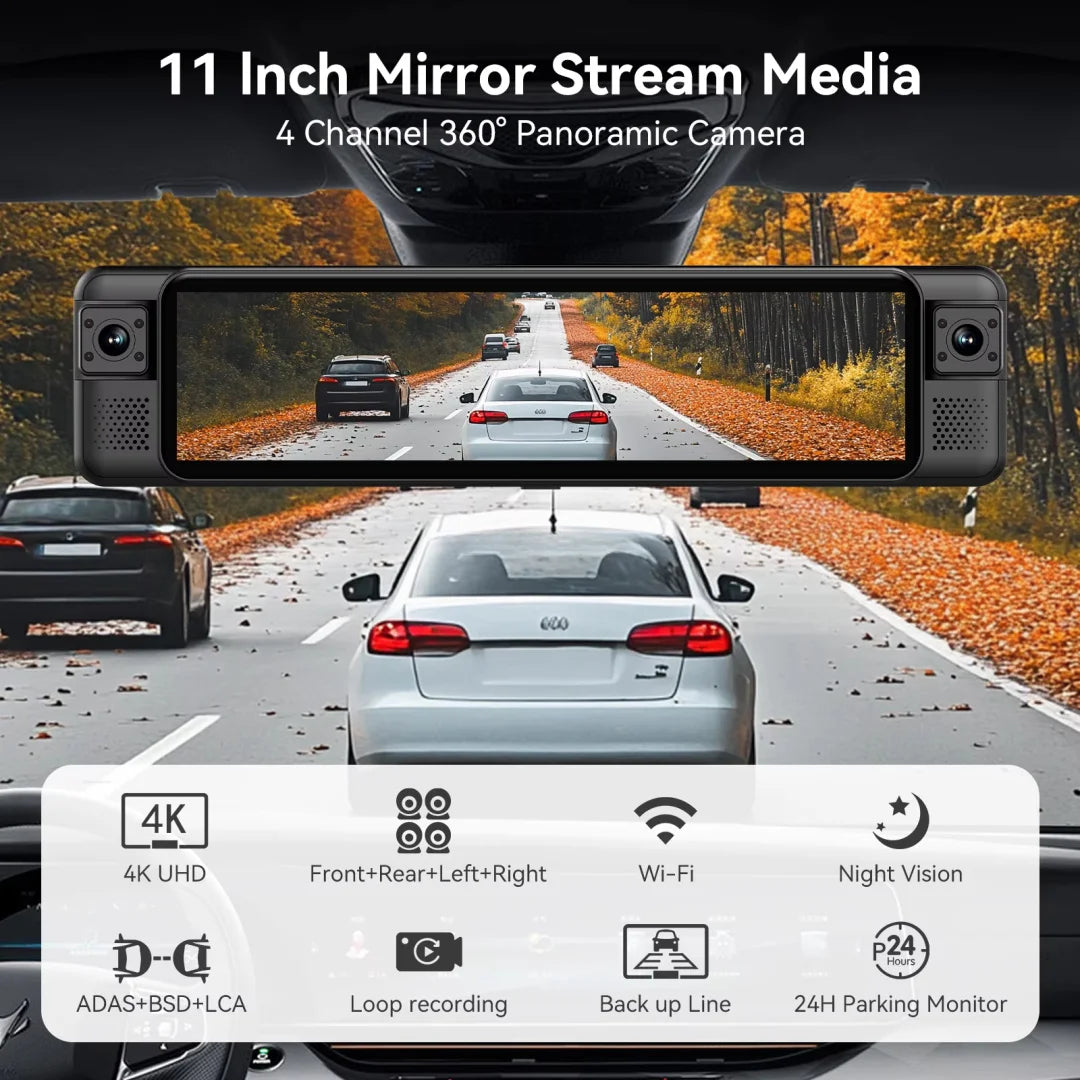 SZshufen 4K Mirror Dash Cam With WiFi GPS ADAS Rearview Mirror