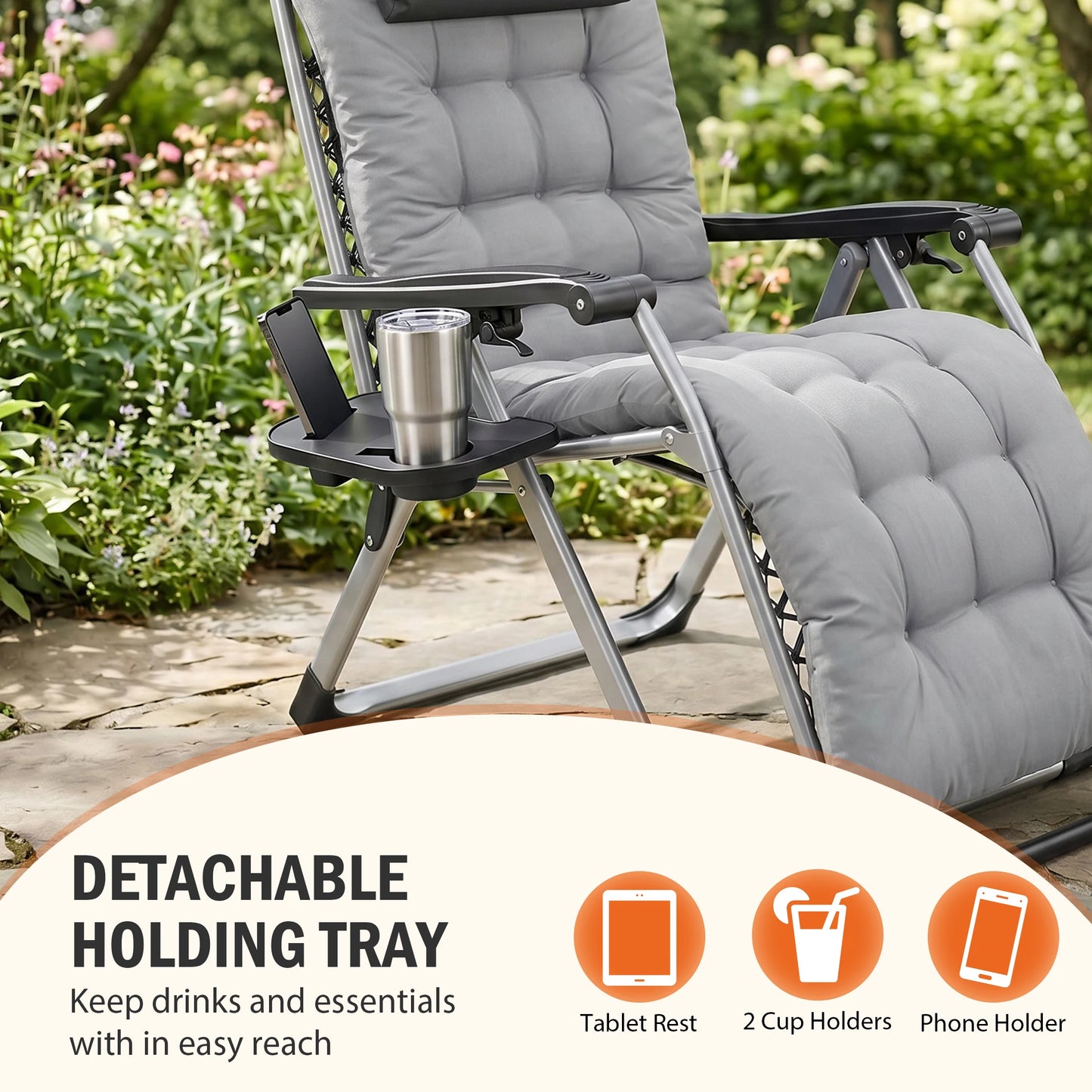 JHK Zero Gravity Reclining Camping Lounge Chair With Tray