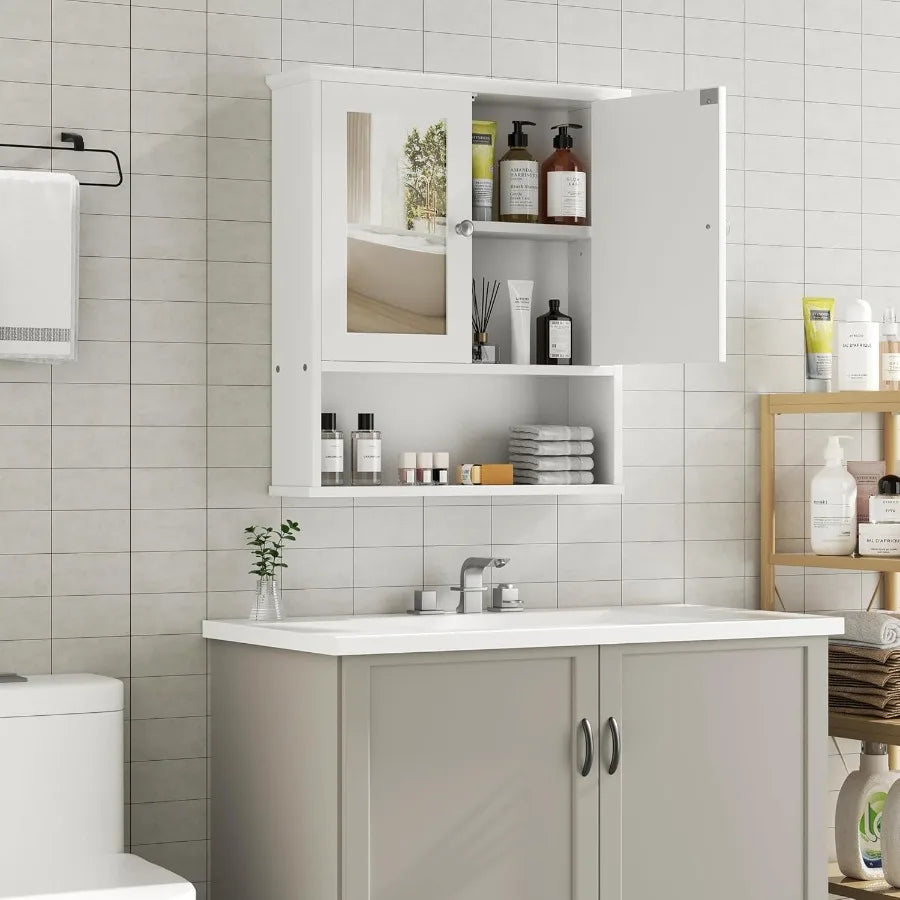 XIUWO Wall Mount Wood Medicine Cabinet With Adjustable Shelf Mirror