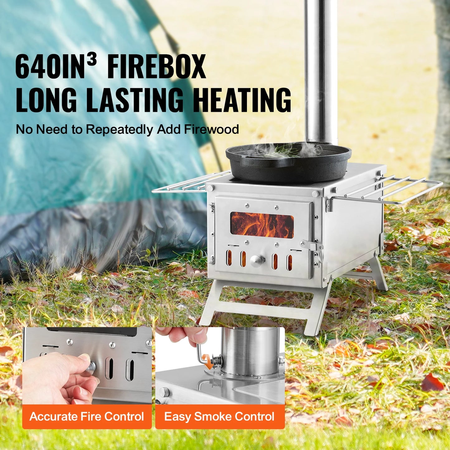 SucceBuy Stainless Steel Portable Camping Wood Stove With Chimney Pipes