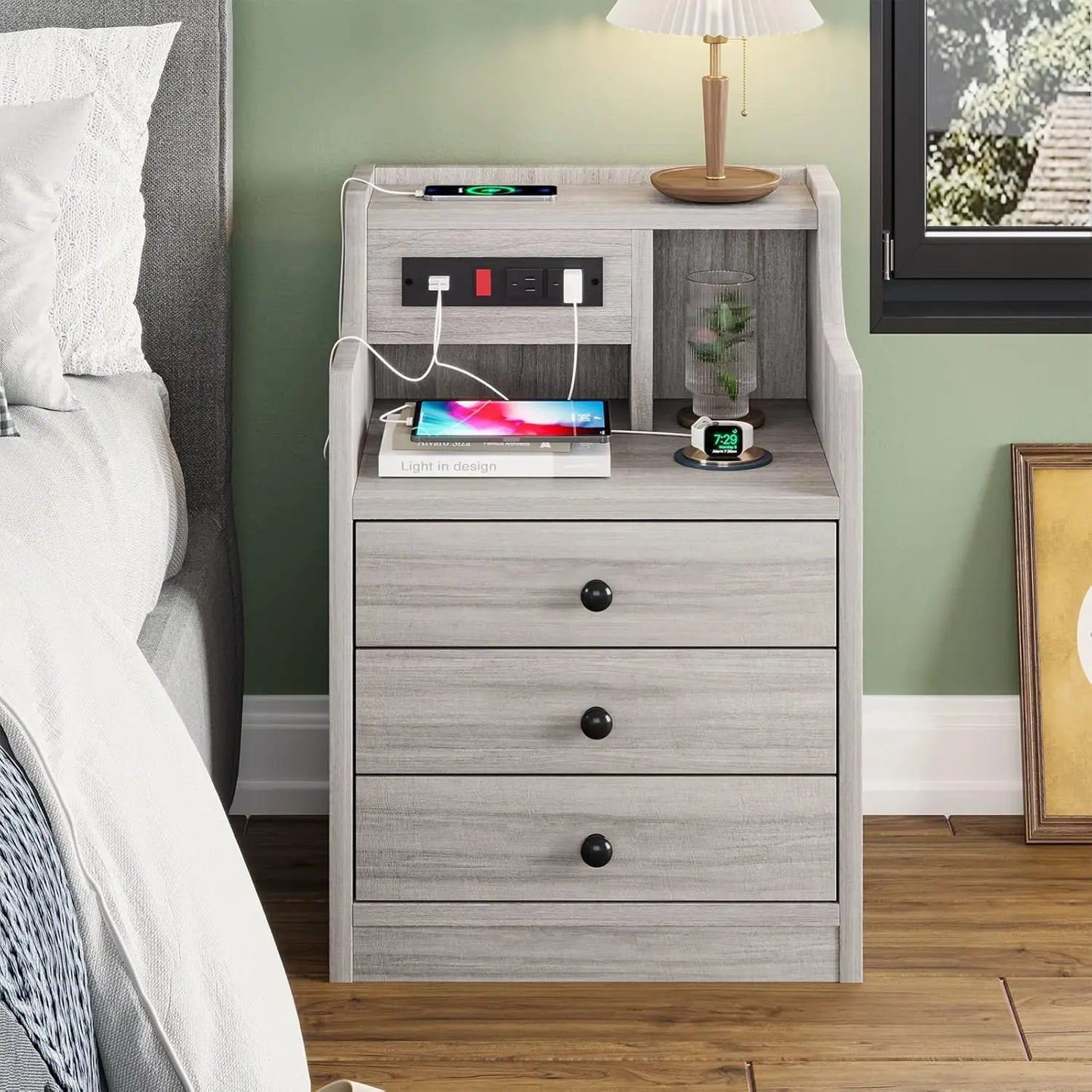 Nightstand Set With Charging Station And Hutch For Bedroom