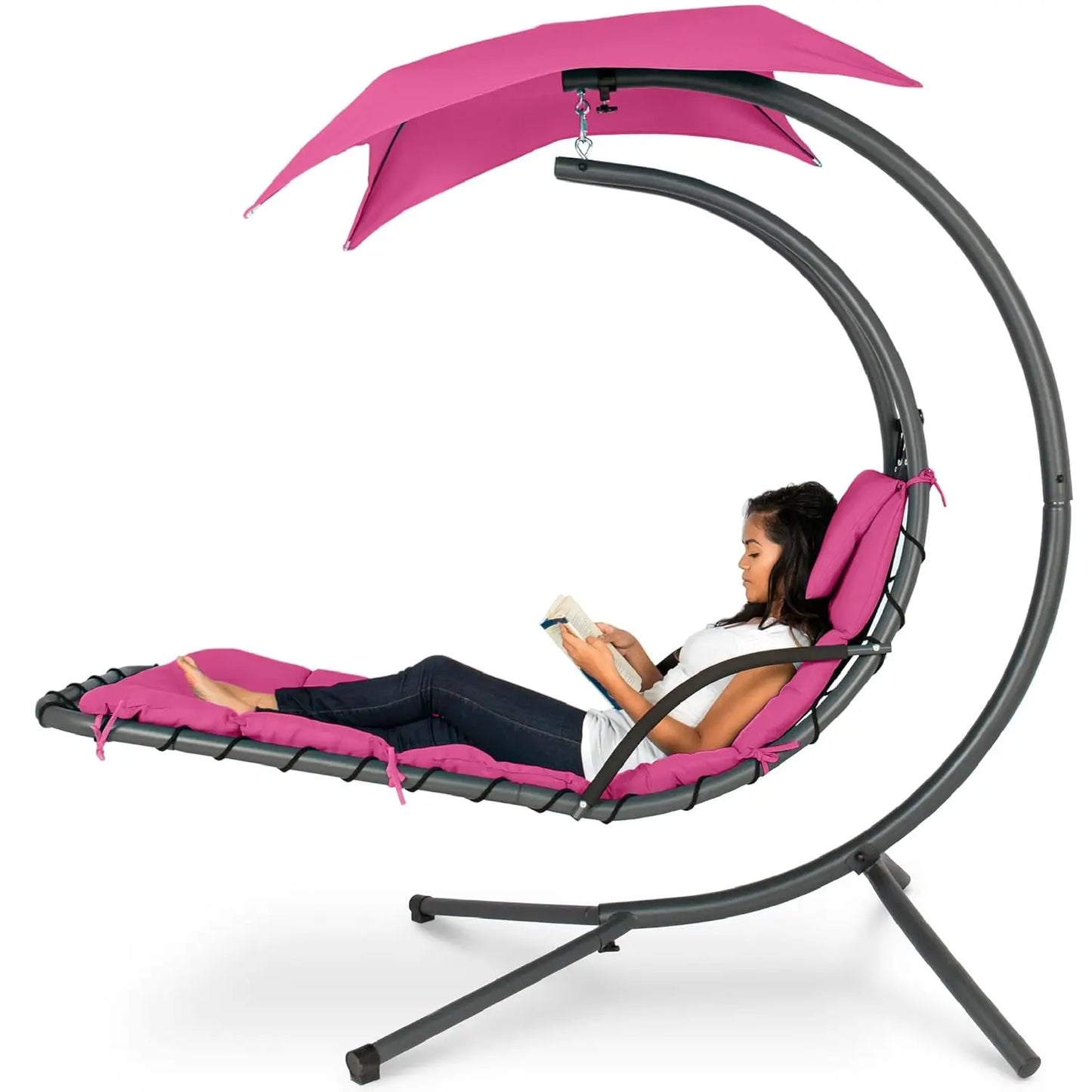 Curved Steel Outdoor Hanging Chaise Lounge With Built In Pillow And Canopy