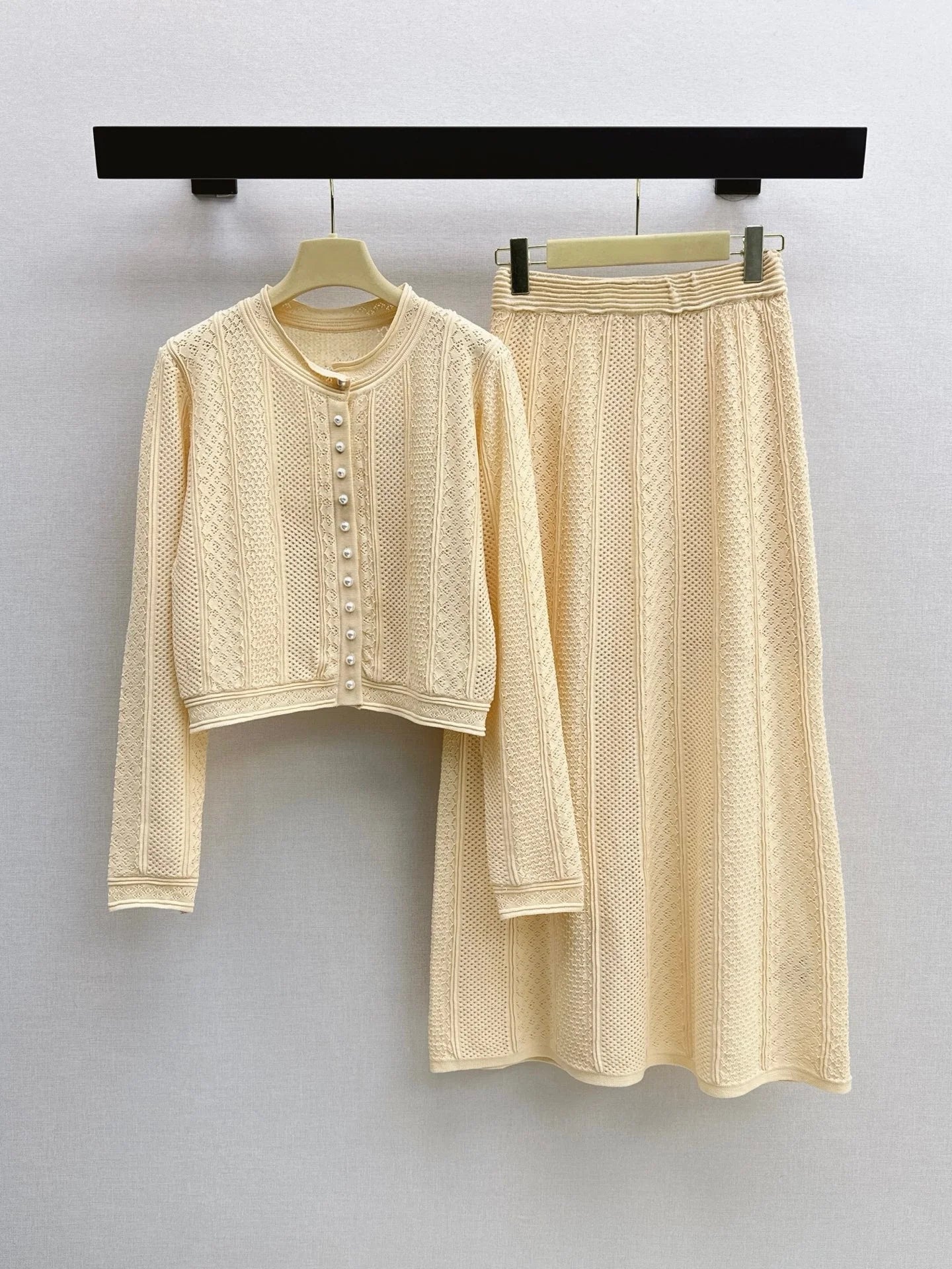 Women's Knitted Long Sleeve Casual Button Elastic Waist Dress Set