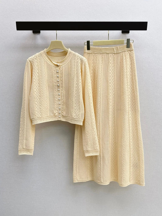 Women's Knitted Long Sleeve Casual Button Elastic Waist Dress Set
