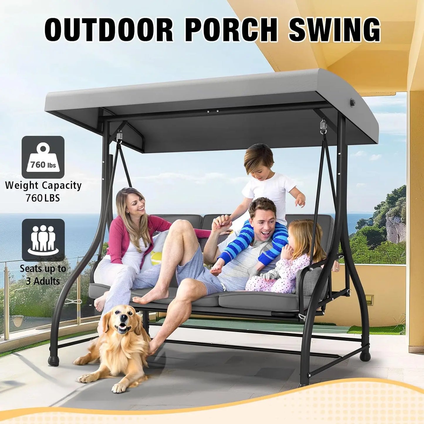 Outdoor Three Seat Patio Swing With Adjustable Canopy