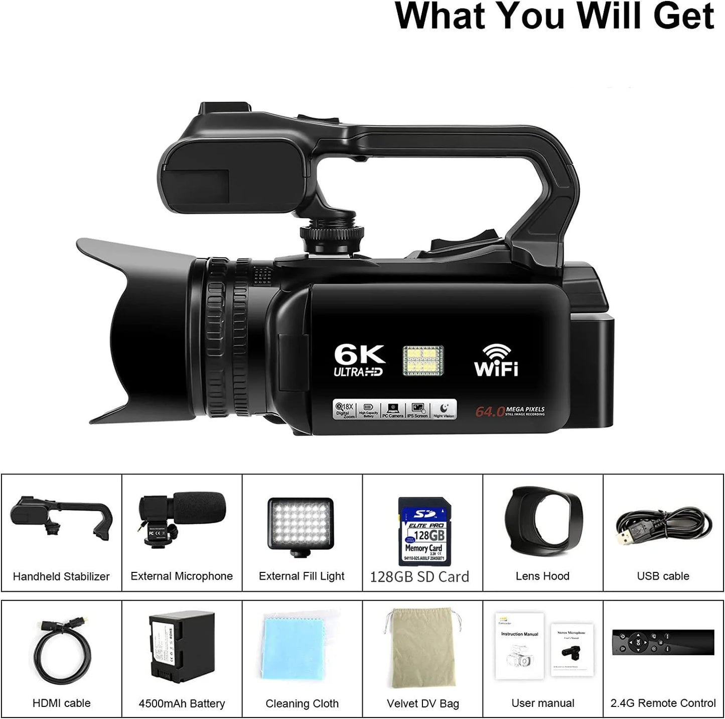 BINGQIANQIAN RX200-6K Camcorder With Night Vision Pro