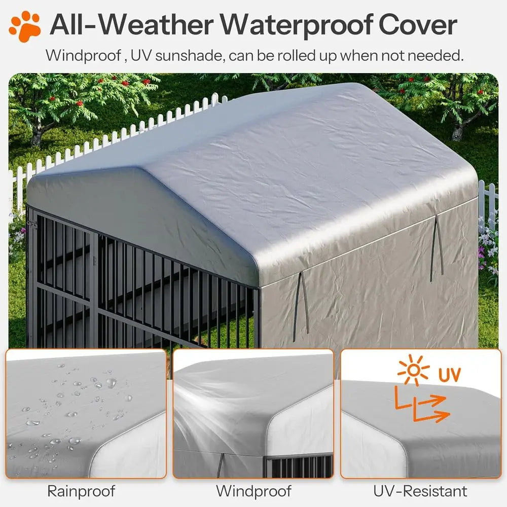 Outdoor Dog Kennel With Cover Waterproof Roof And Rotating Bowls