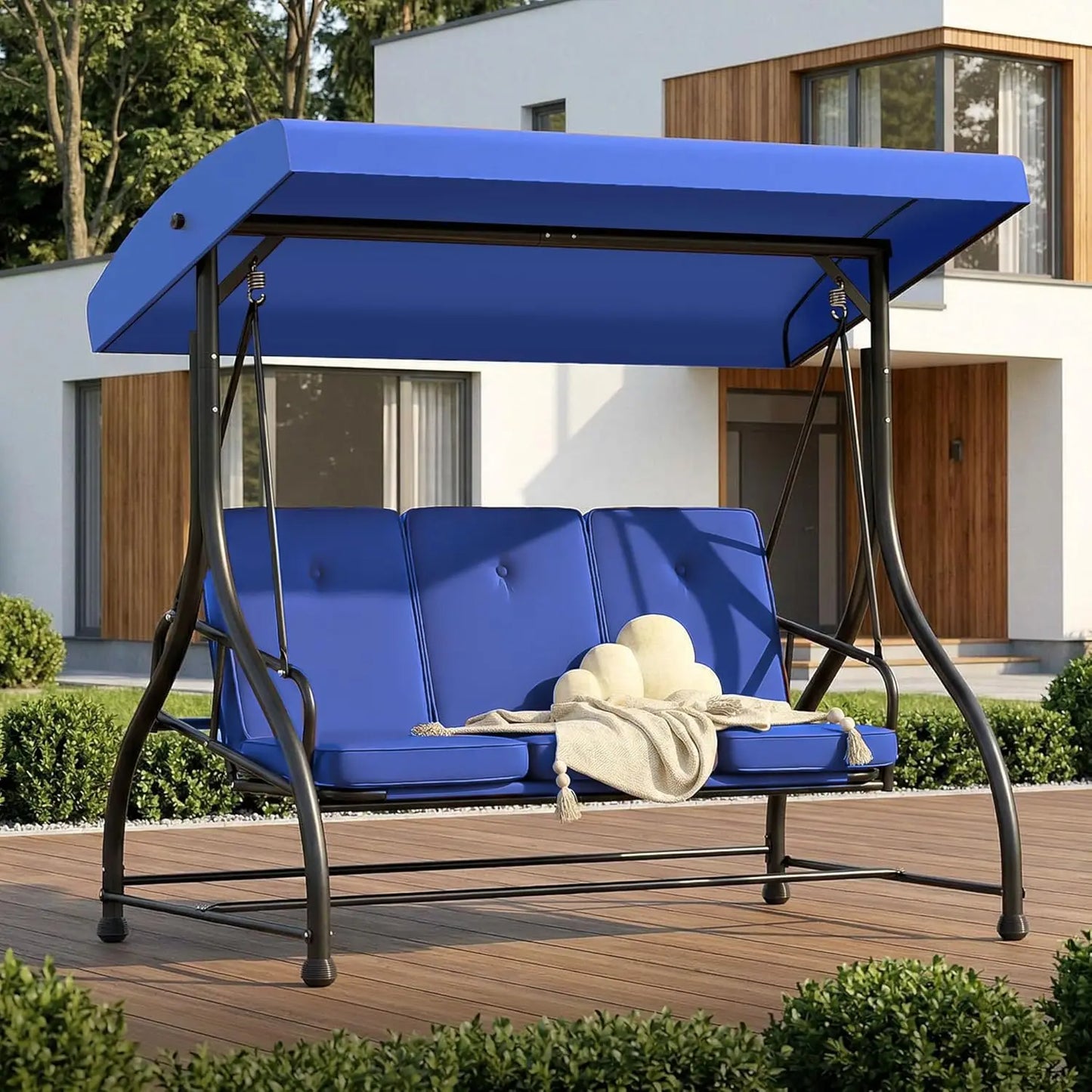 Outdoor Three Seat Patio Swing With Adjustable Canopy And Cushions