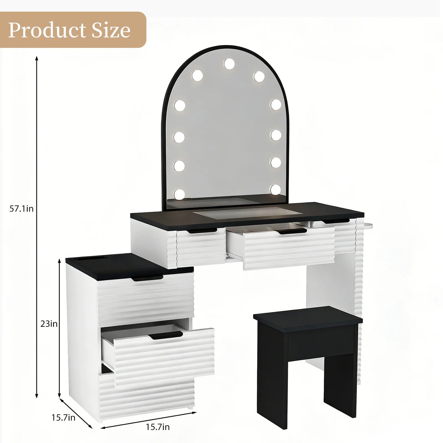 Modern Vanity Desk Chair Set Mirror Light Power Outlet