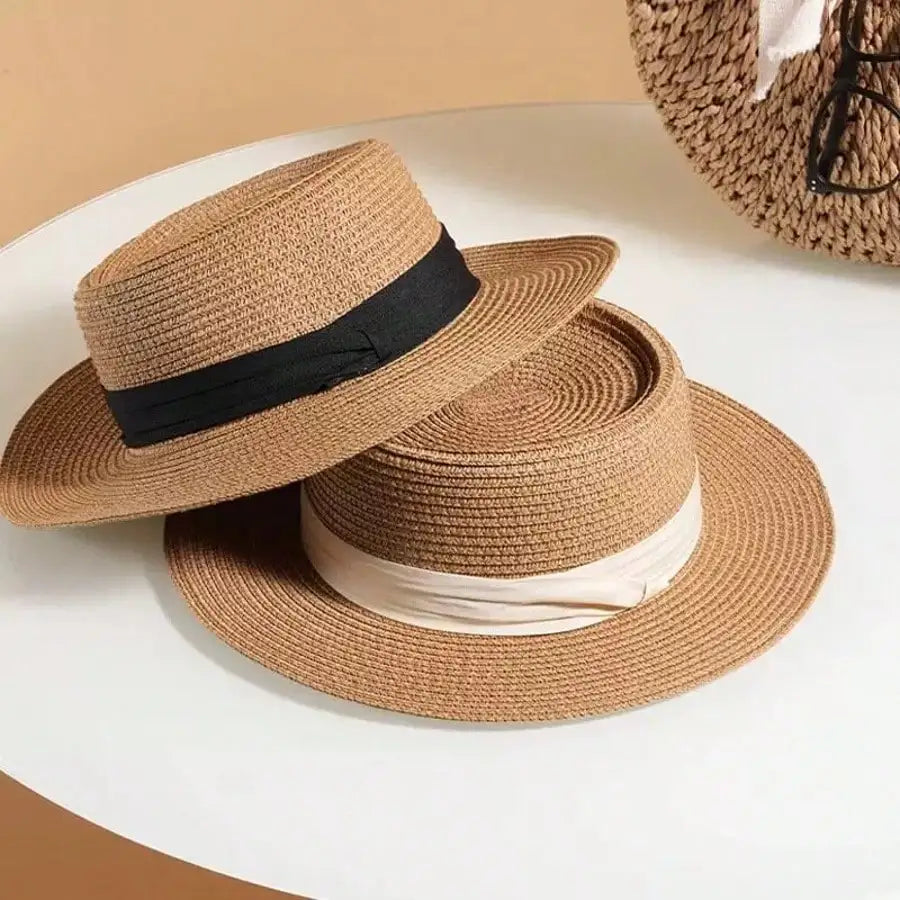 Women Straw French Chic Boater Sun Hat For Outdoor Summer