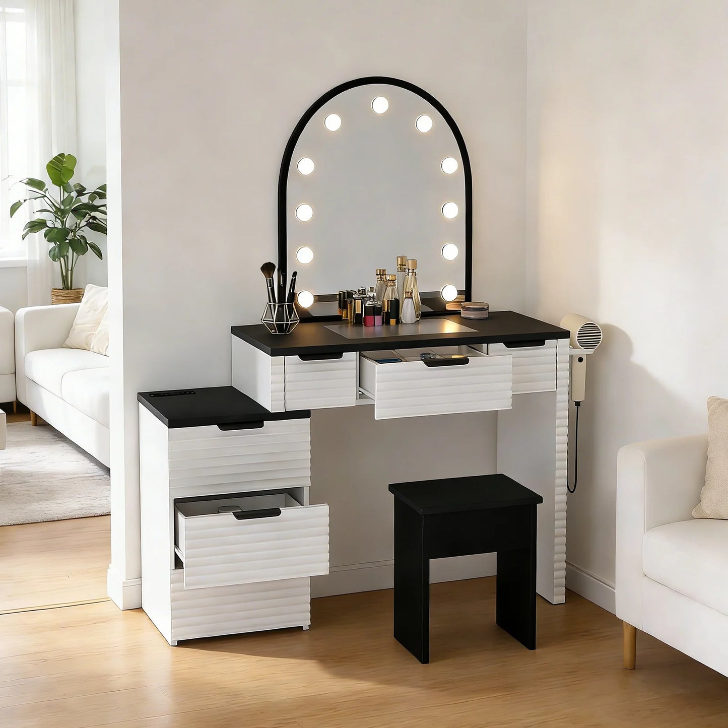 Modern Vanity Desk Chair Set Mirror Light Power Outlet