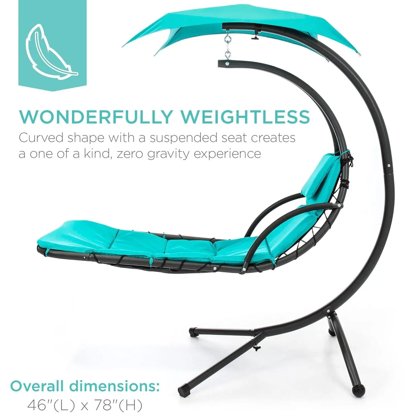 Curved Steel Outdoor Hanging Chaise Lounge With Built In Pillow And Canopy