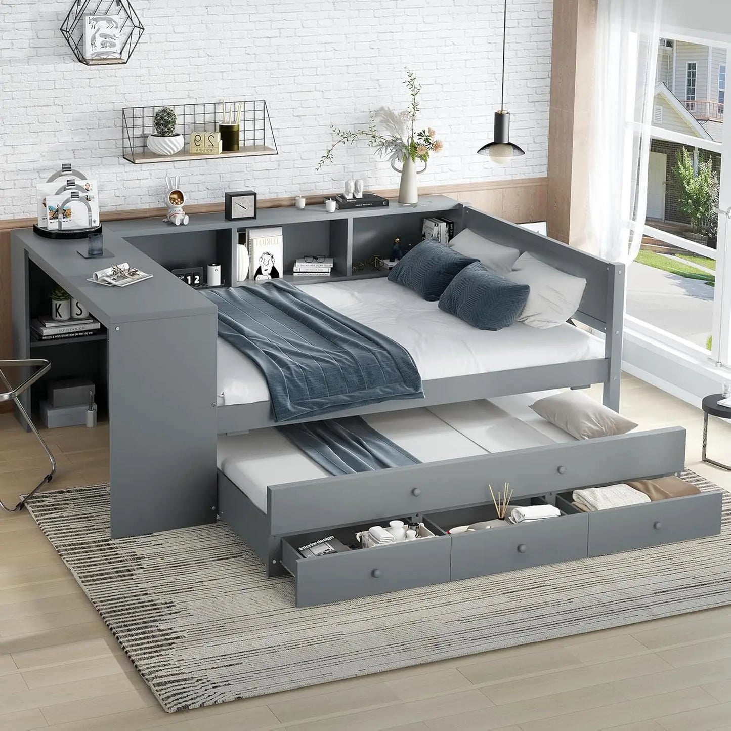 Daybed With Desk, Cabinet And USB Charging Storage
