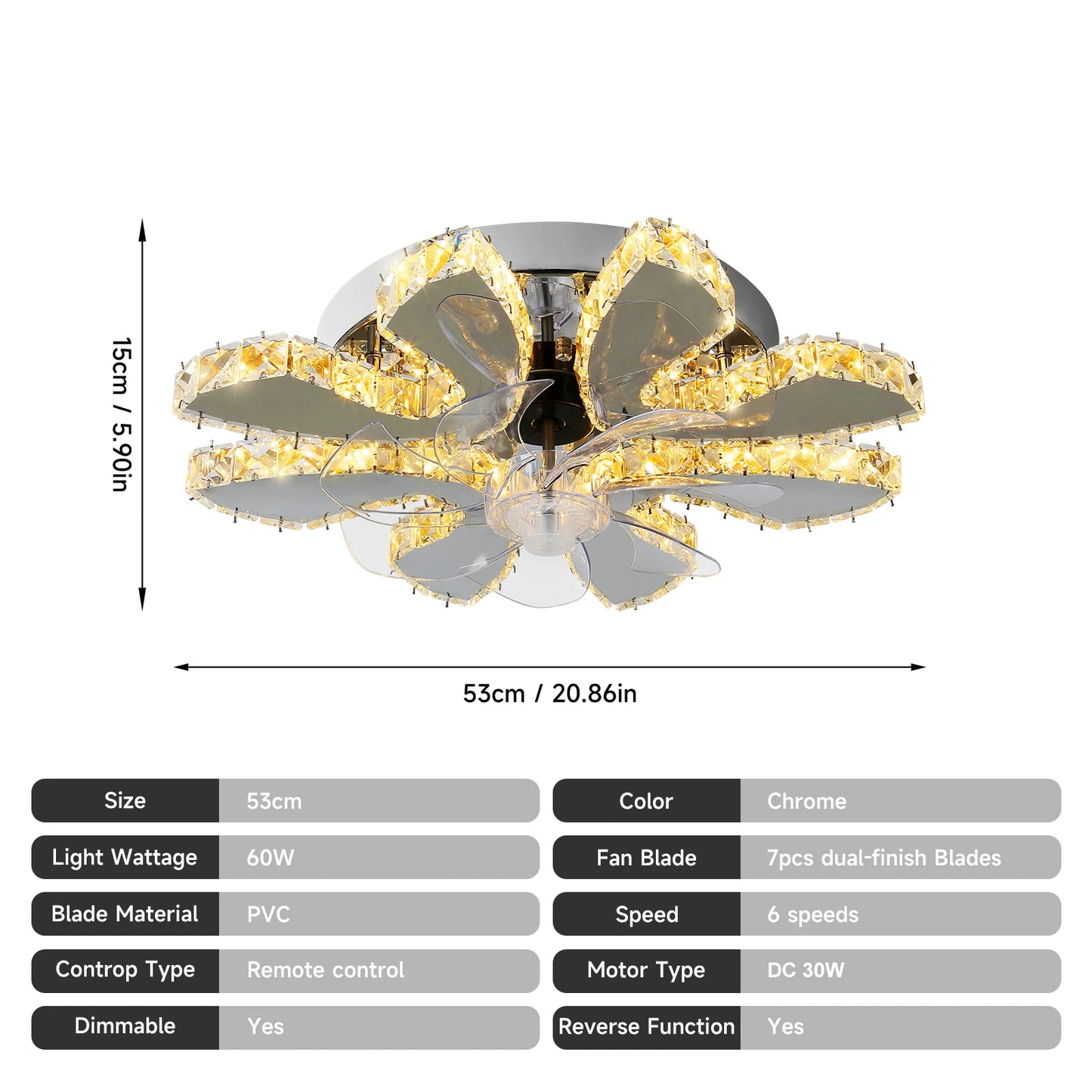 Vetrulus Smart Crystal LED Ceiling Fan Chandelier With Remote Control