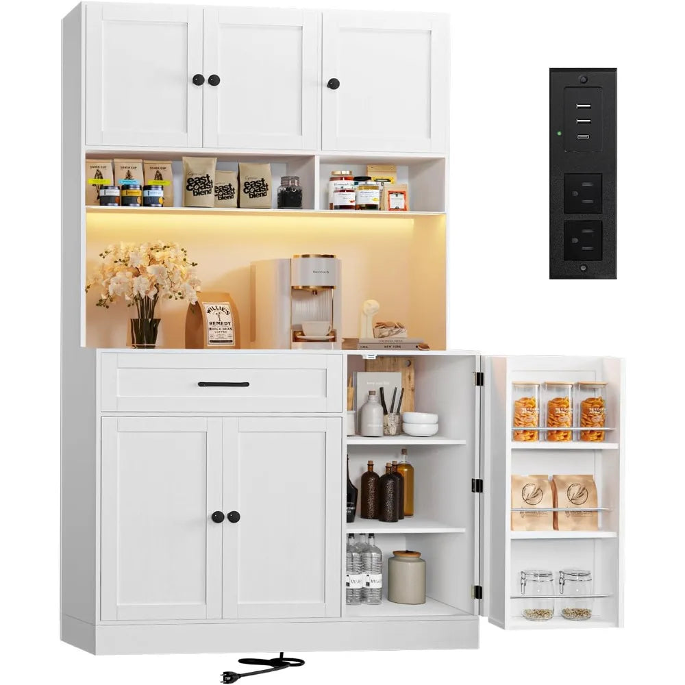 Pantry Cabinet With LED Light And Charging Station Tall Storage