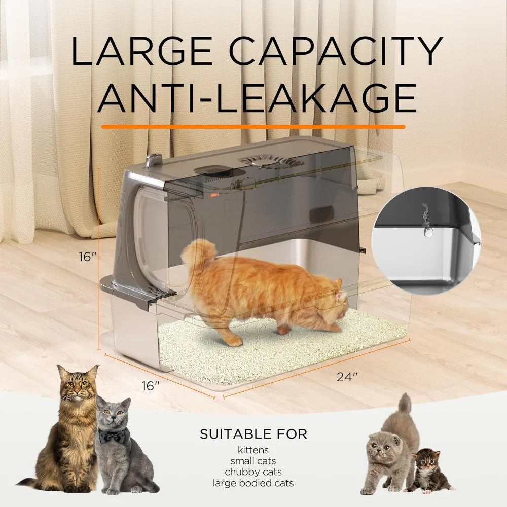 XIUWO Stainless Steel Enclosed Litter Box With Lid Scoop Mat
