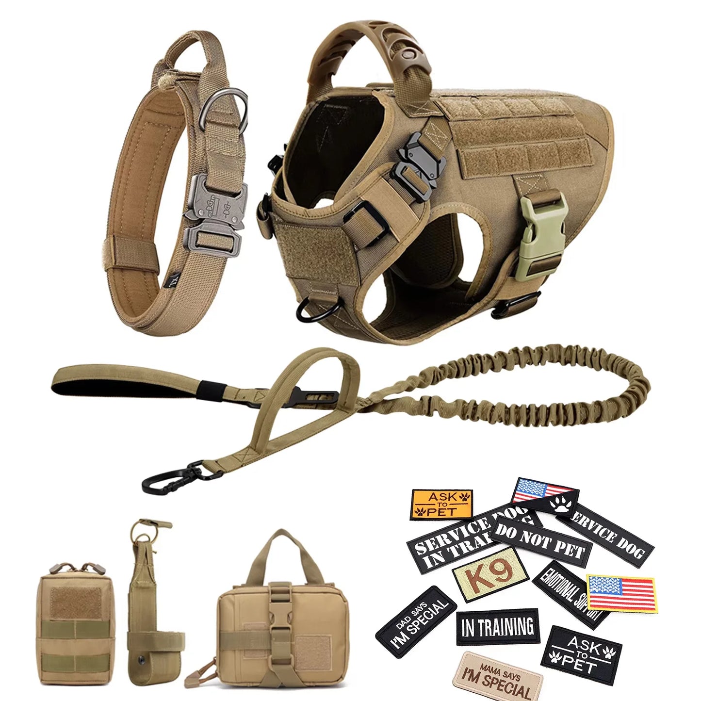 Military Large Dog Harness Vest Set With Leash And Patches