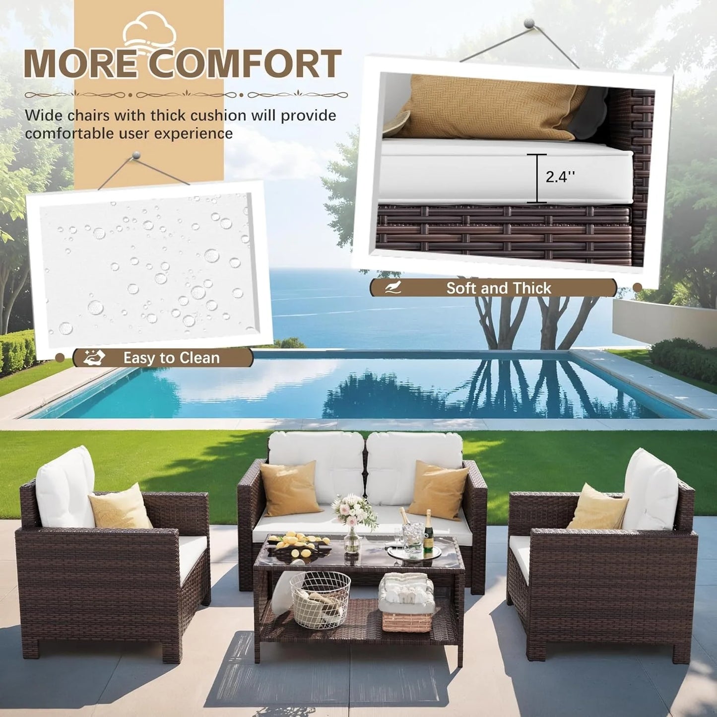 XIUWO 4-Piece Rattan Sofa Set For Outdoor Patio Conversation
