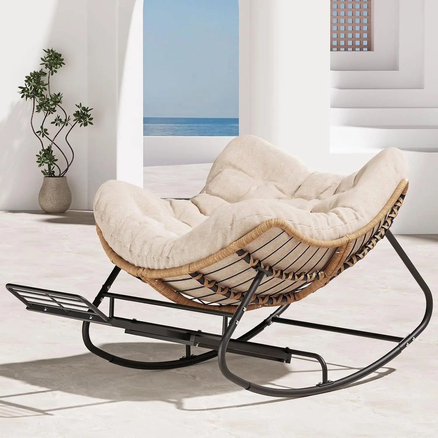 Rattan Rocking Chair With Footrest Cushioned Outdoor Patio Lounge
