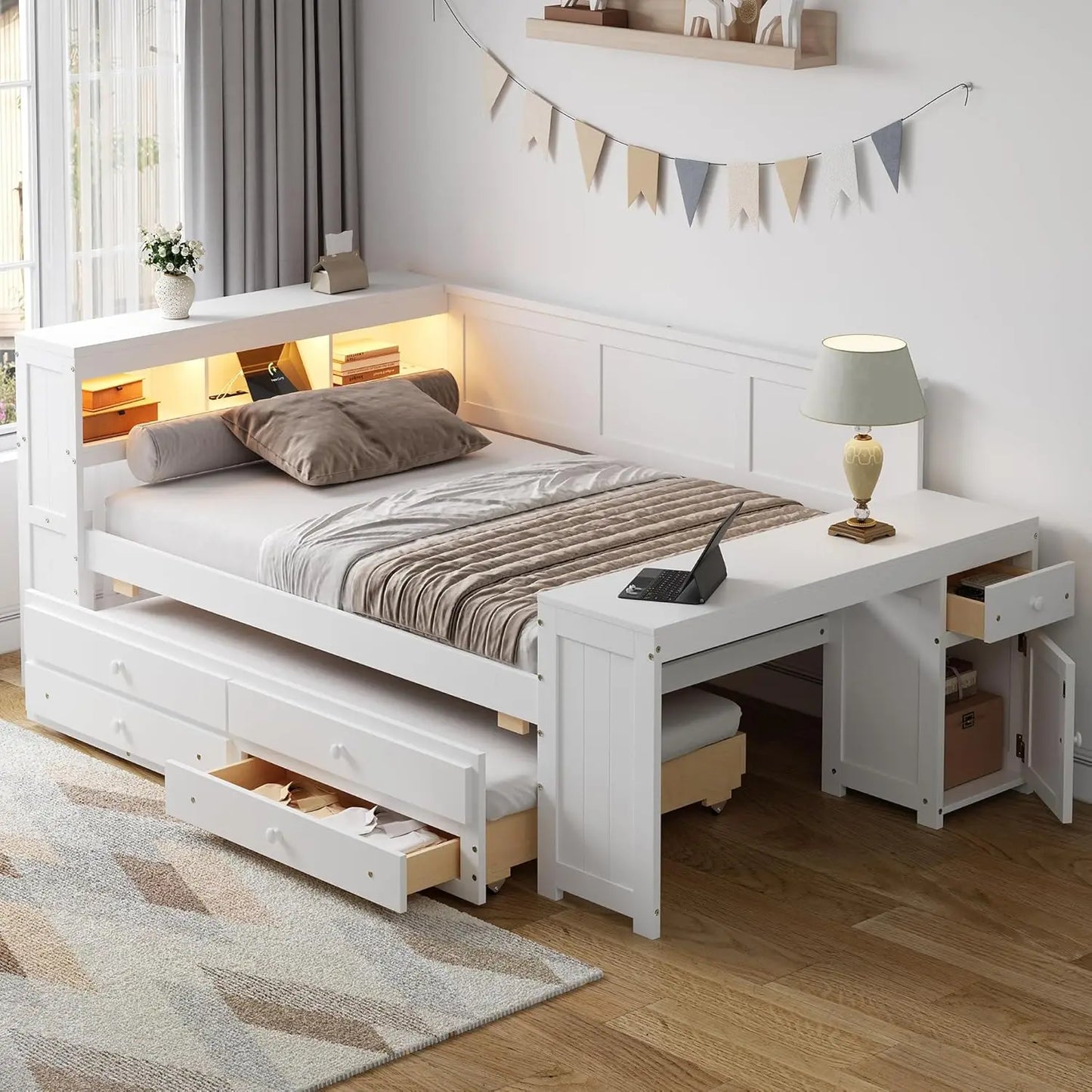 Daybed With Desk, Cabinet And USB Charging Storage