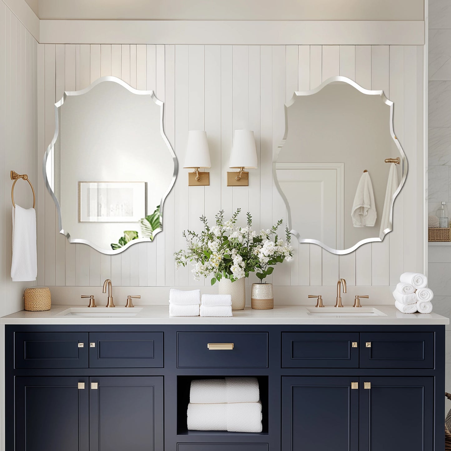 Wisfor Wall Mirror Scalloped Frameless Beveled Edge For Bathroom