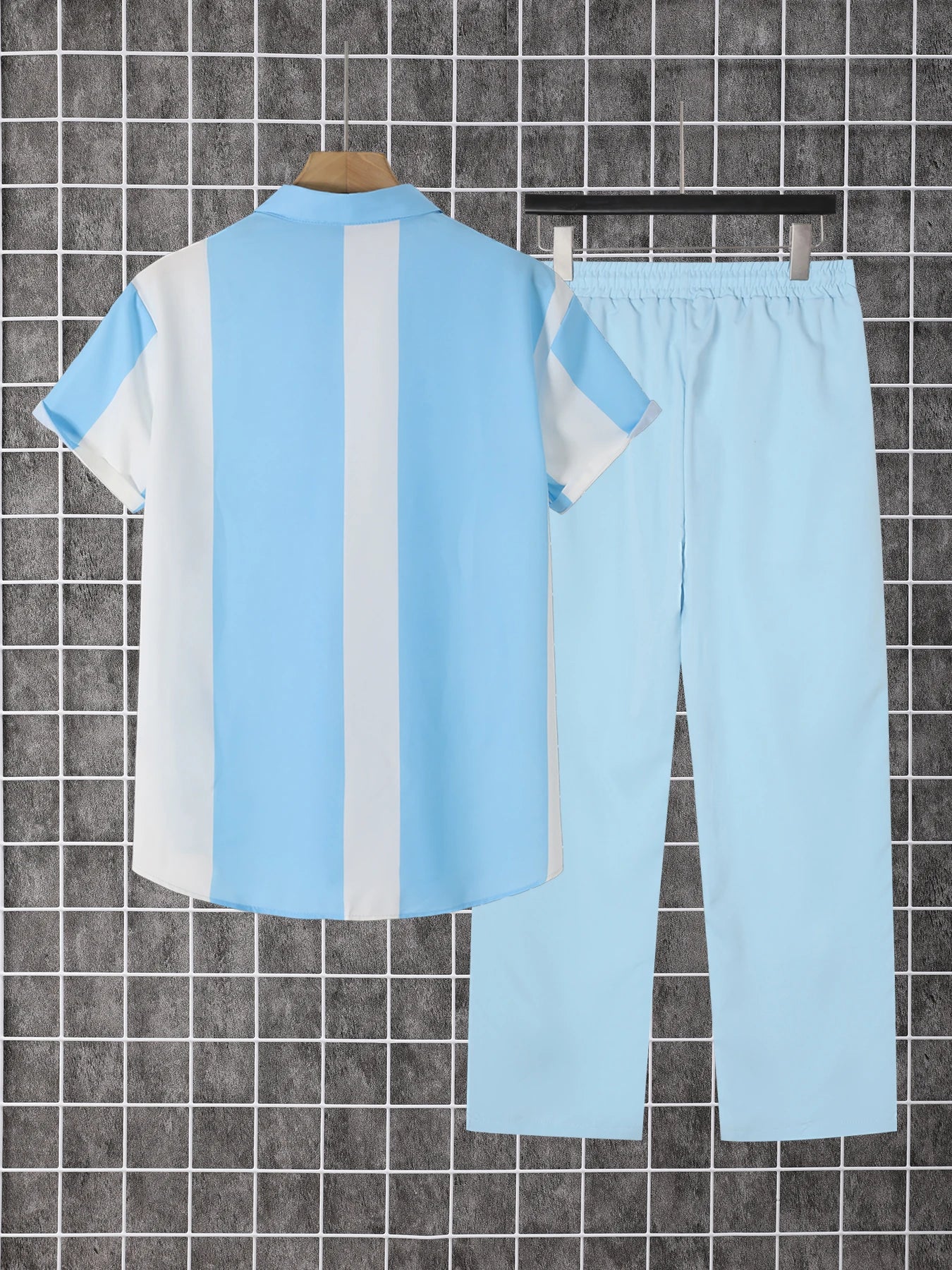 Men's Summer Printed Short Sleeve Shirt Pants Set Polyester Clothing