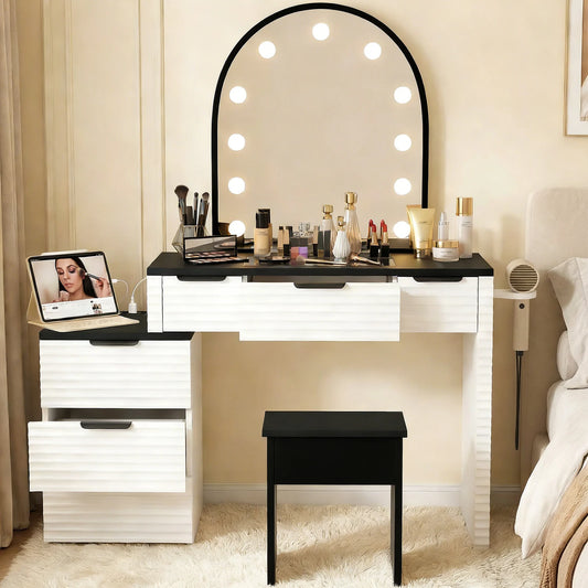 Modern Vanity Desk Chair Set Mirror Light Power Outlet