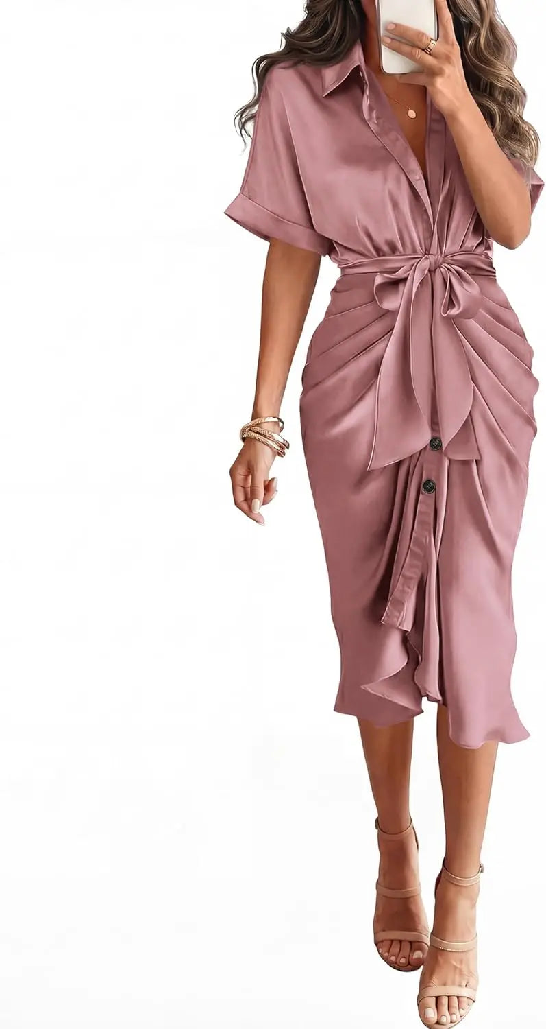 Elegant Women Summer Satin Midi Dress V Neck Short Sleeve