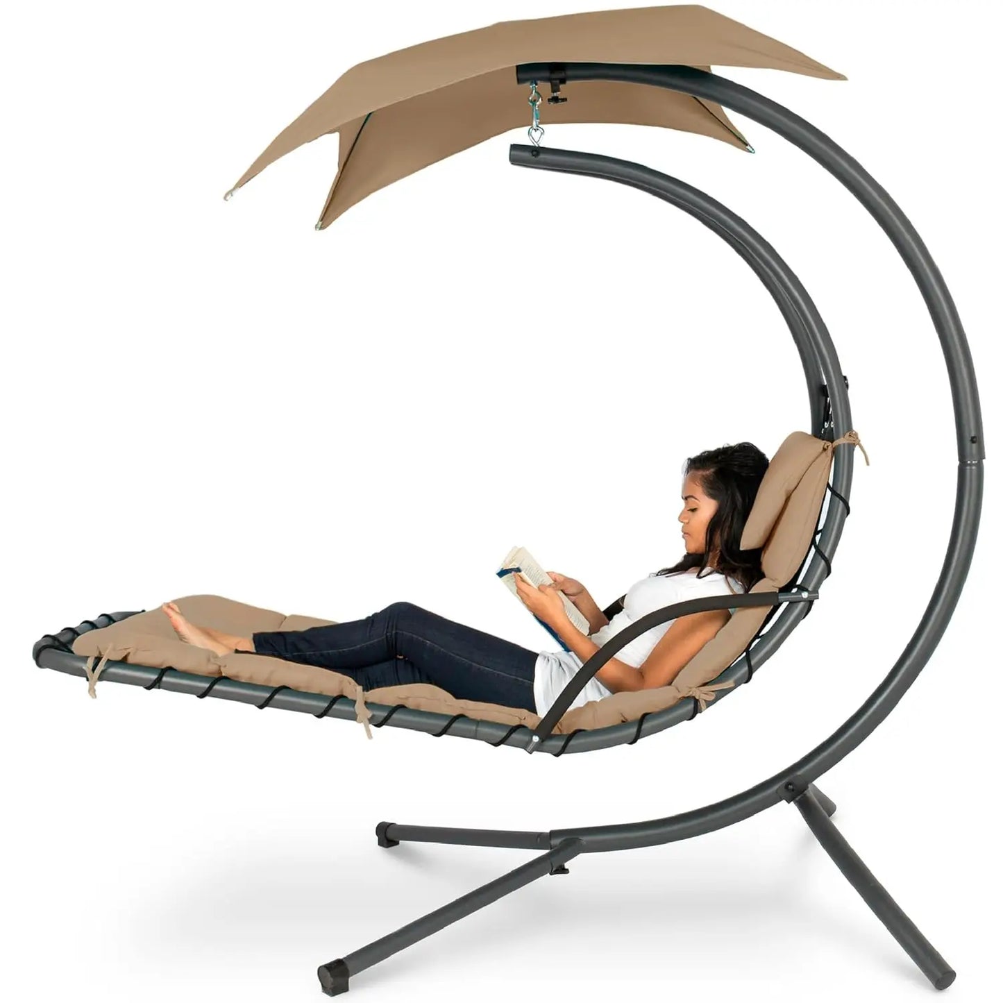 Curved Steel Outdoor Hanging Chaise Lounge With Built In Pillow
