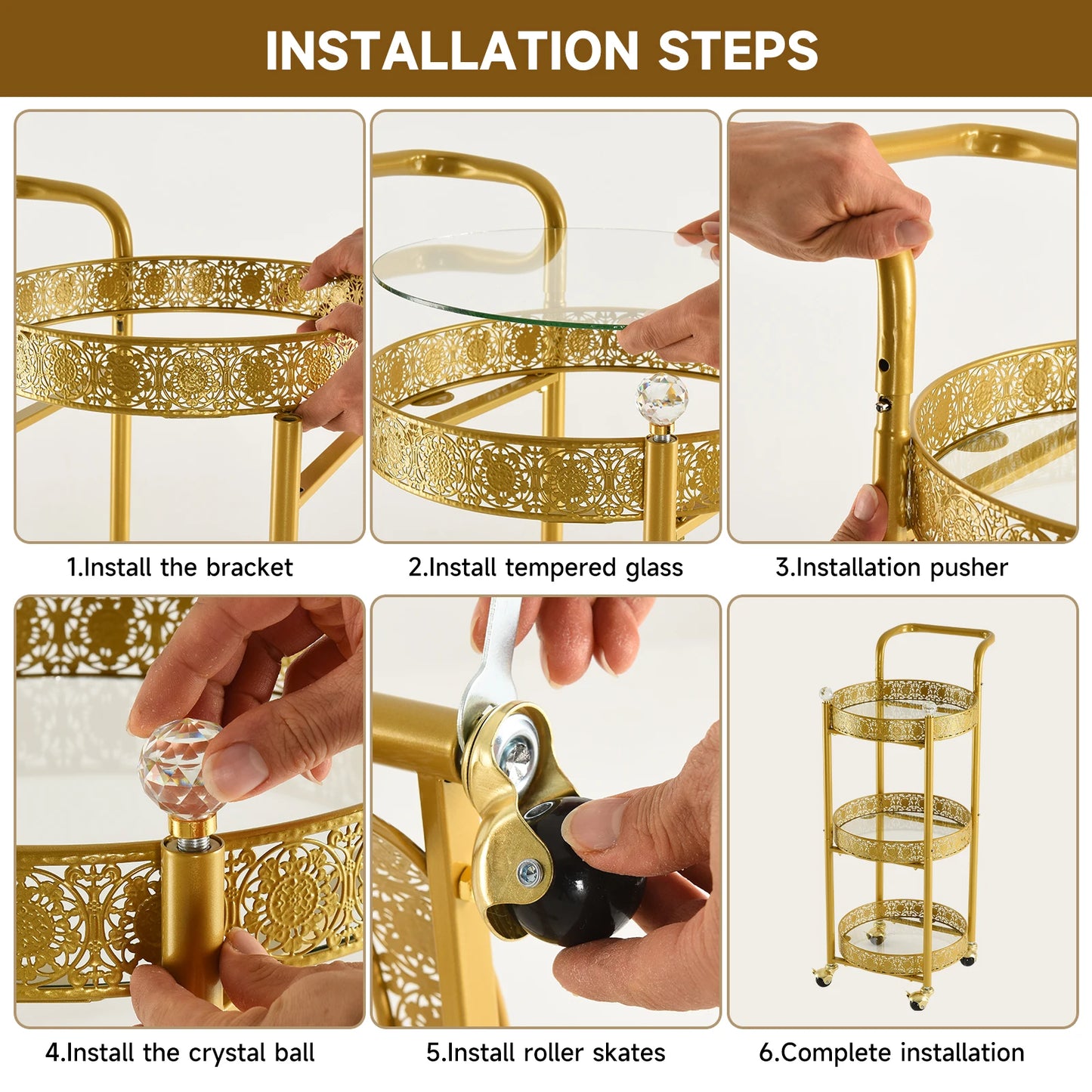 Tempered Glass Rolling Bar Cart With Lockable Casters And Mirror Holders