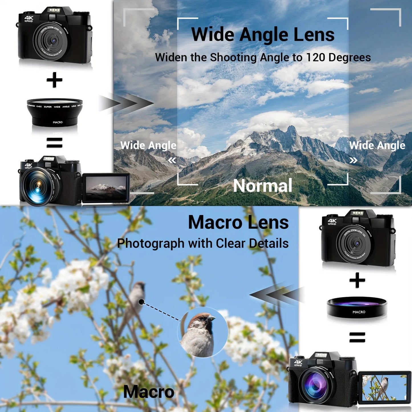 4K Digital Camera With 16X Zoom 64MP WiFi Auto Focus Flip Screen