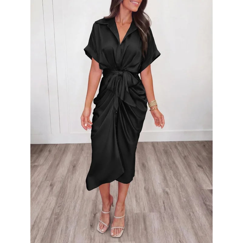 Elegant Women Summer Satin Midi Dress V Neck Short Sleeve