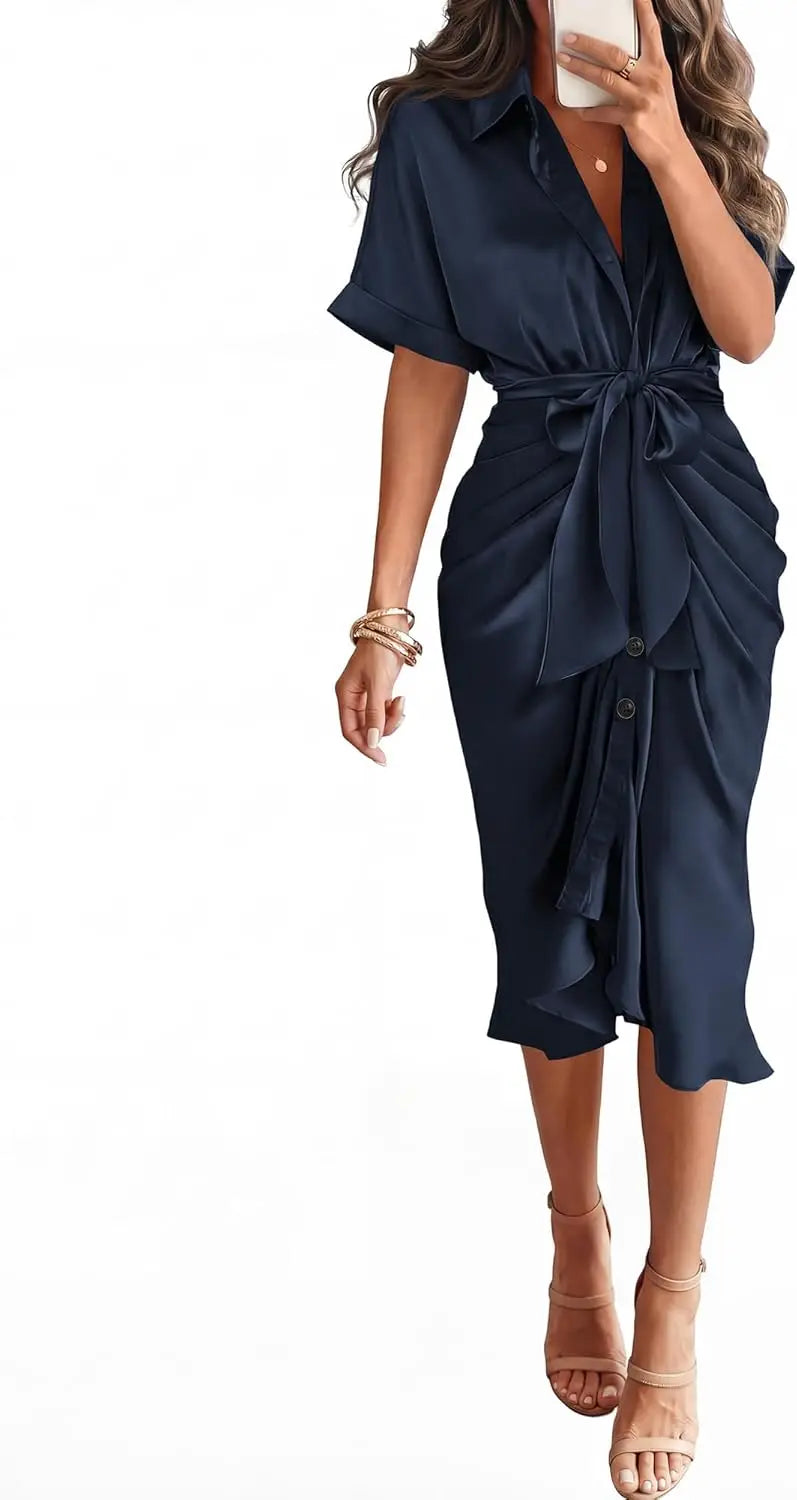 Elegant Women Summer Satin Midi Dress V Neck Short Sleeve