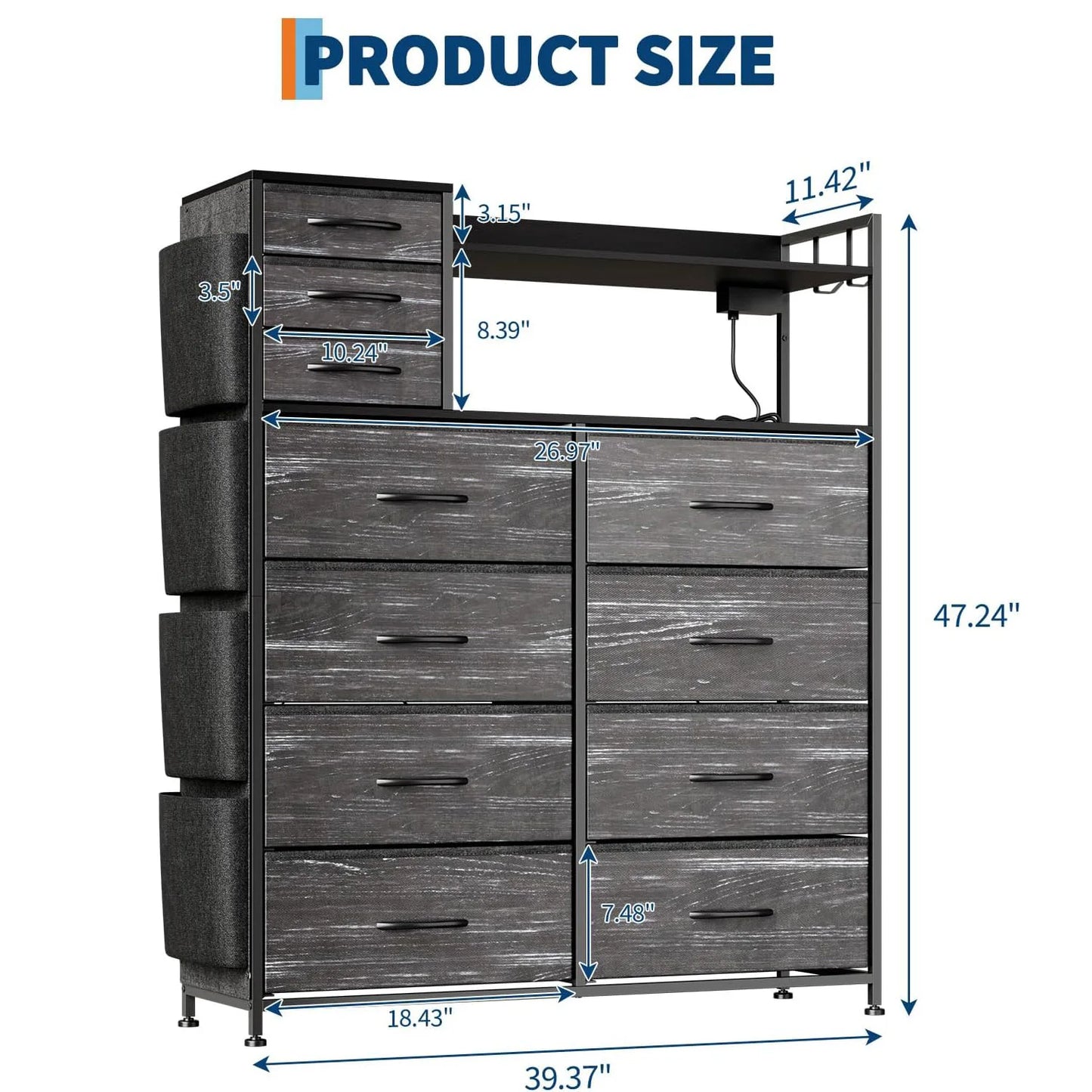 Storage Dresser With 11 Fabric Drawers, LED Lights, Wood Top