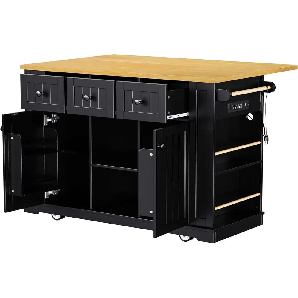 Rolling Kitchen Island With Power Outlet And Drop Leaf Storage Cabinet