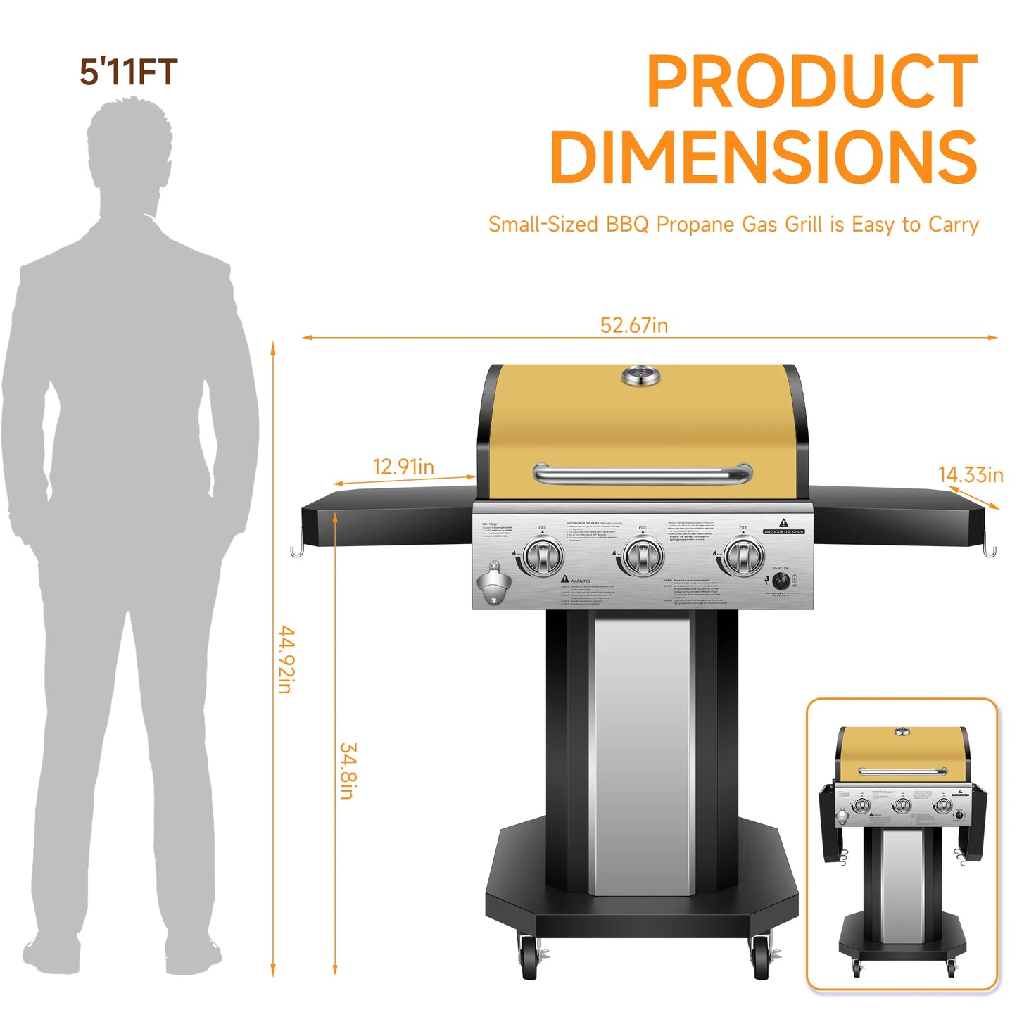 Propane 3 Burner Gas Grill With Warming Rack And Wheels