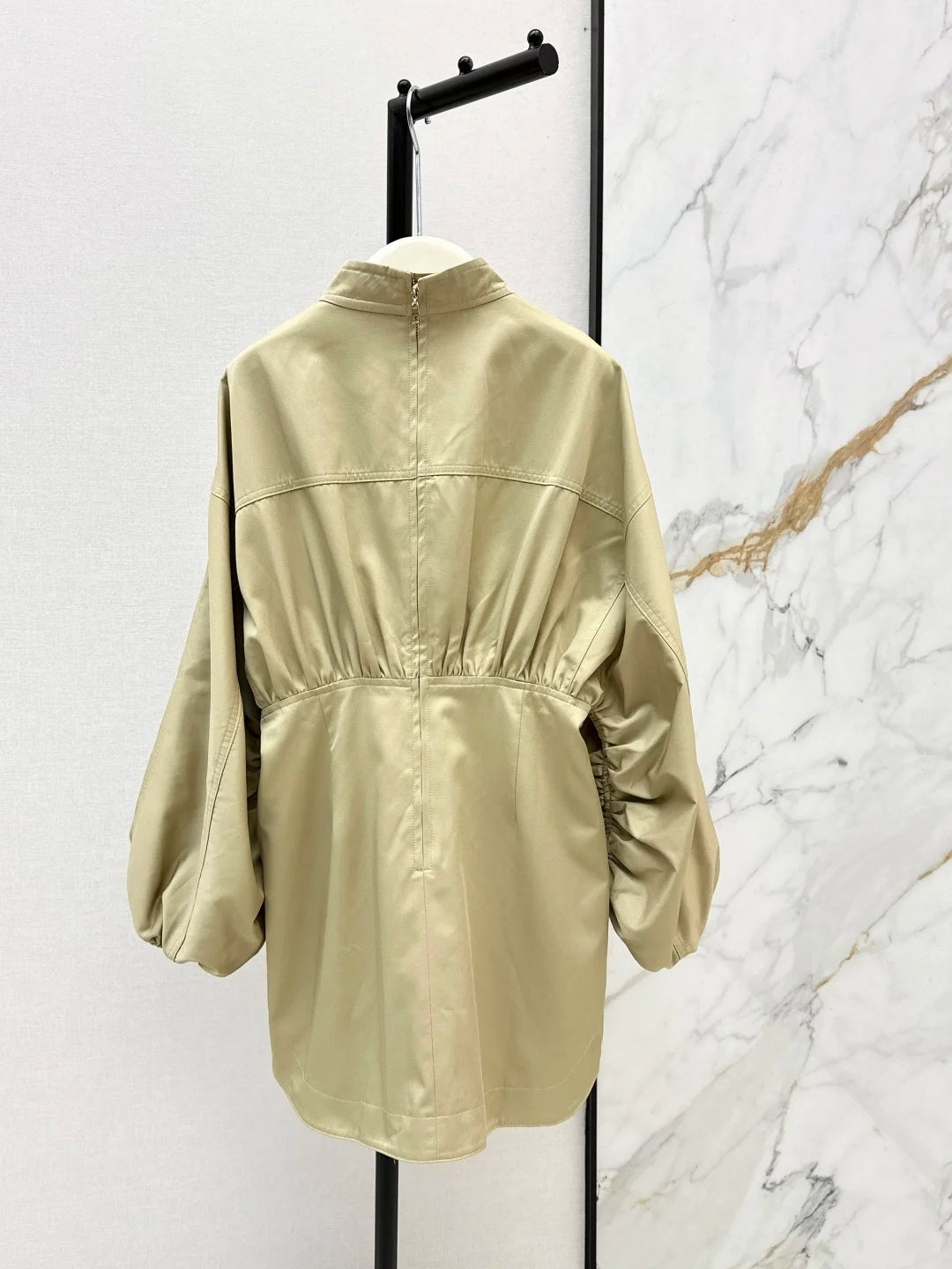 Women Long Sleeve Stand Collar Pleated Waist Cotton Zipper Dress