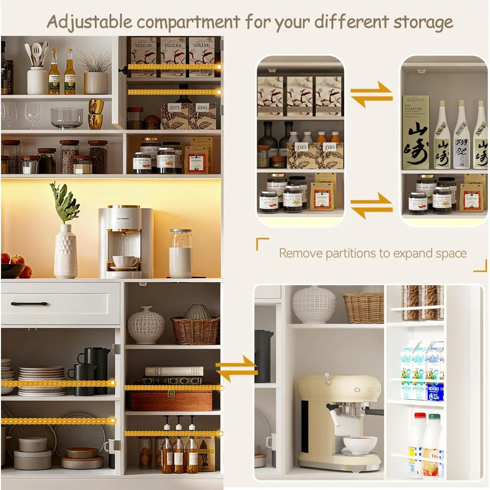 Pantry Cabinet With LED Light And Charging Station Tall Storage