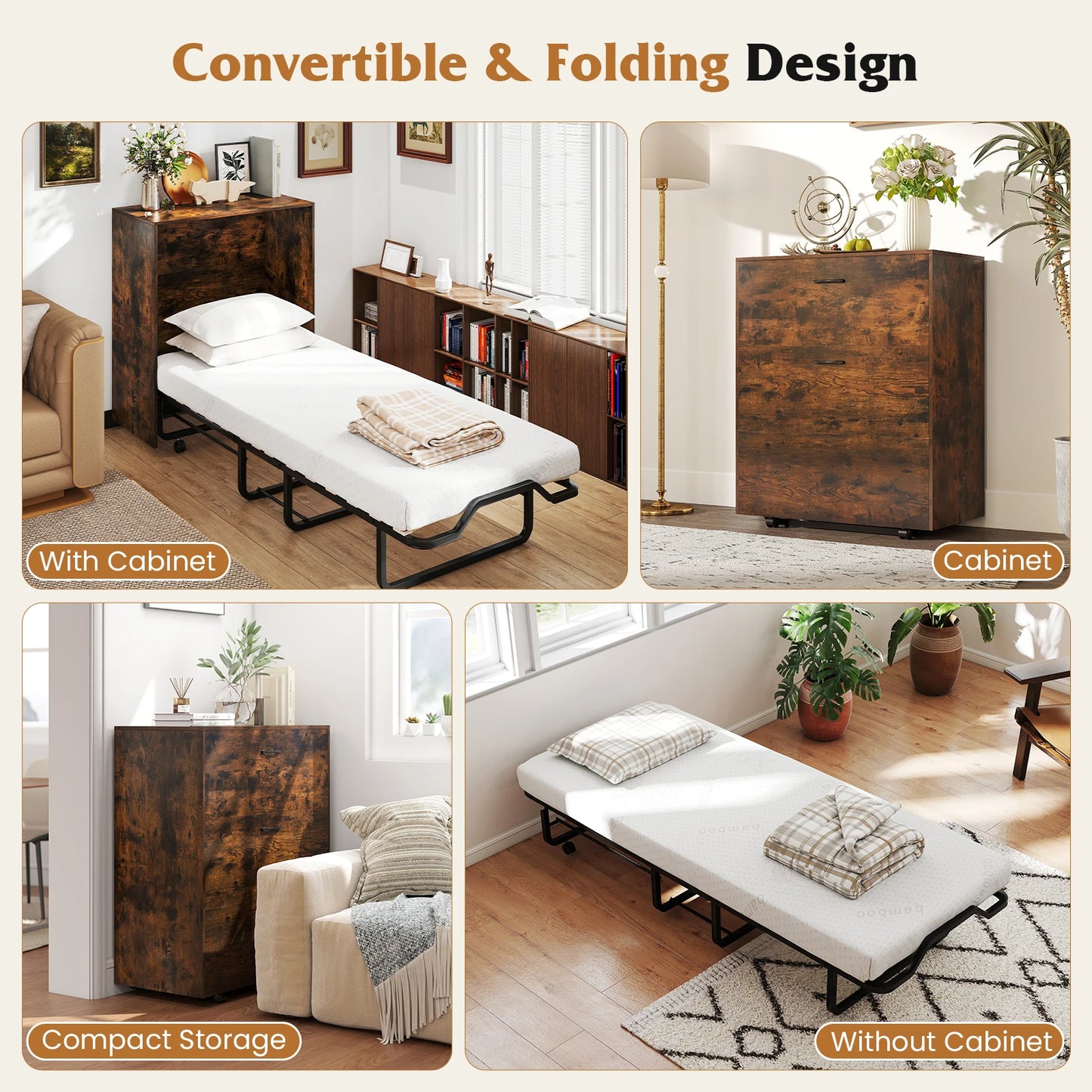 HOMASIS Murphy Bed With Storage Rolling Cabinet